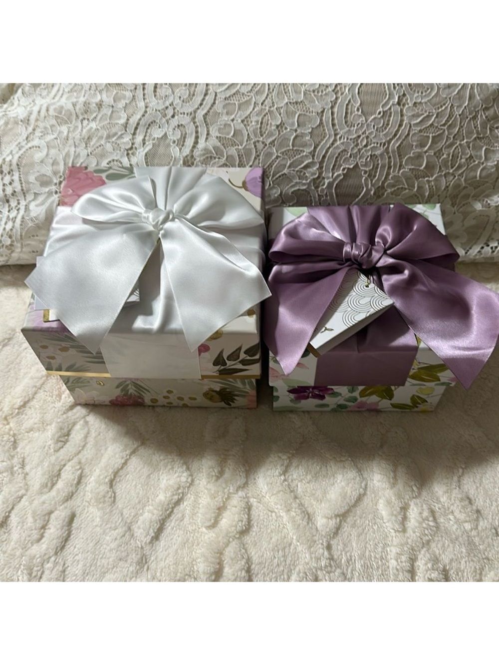 PAPYRUS Set of Two Floral Top White Lavender Bow Square Nesting Gift Boxes